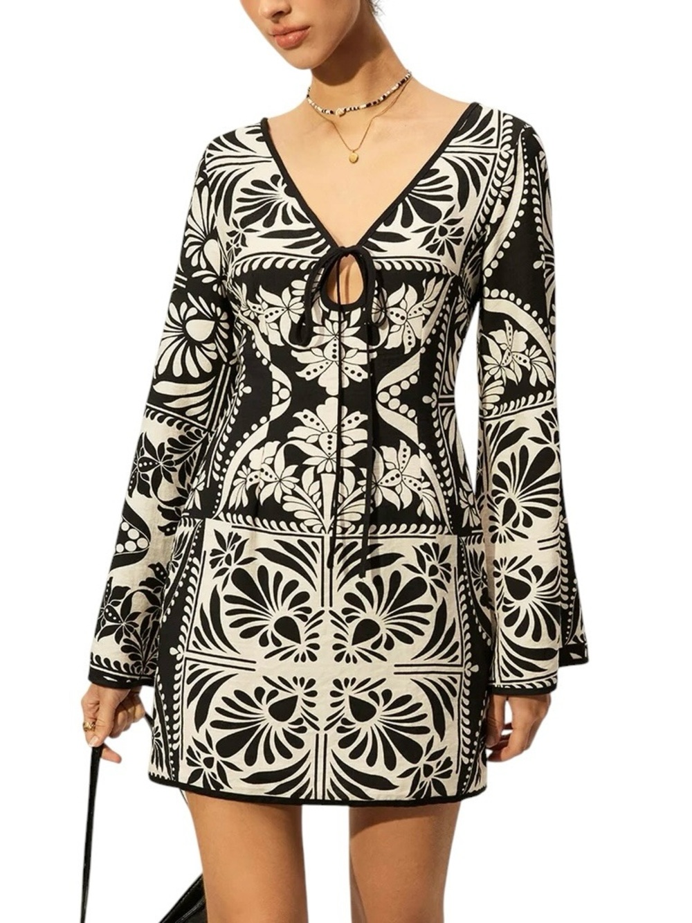Commense Black Ivory Tie Front Bell Sleeve Micro Mini Dress XS NWT